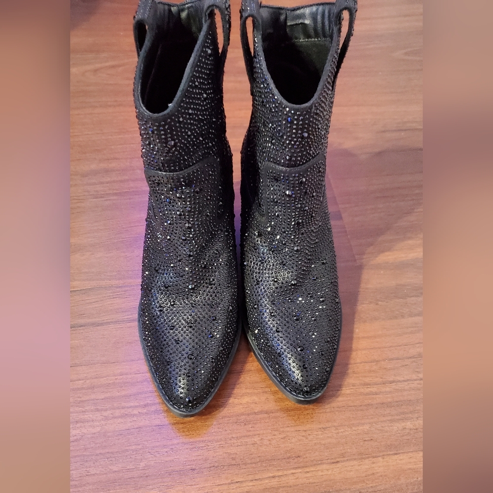 Black Rhinestone Pointed Ankle Boots